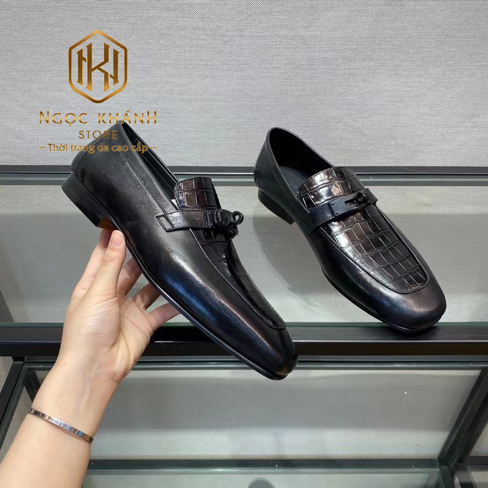 GIÀY LƯỜI NAM HERMES ĐẾ CAO HỌA TIẾT VÂN CÁ SẤU MẶT KHÓA GLHM09 9 giay luoi hermes de cao mau den hoa tiet van ca sau mat khoa den 1