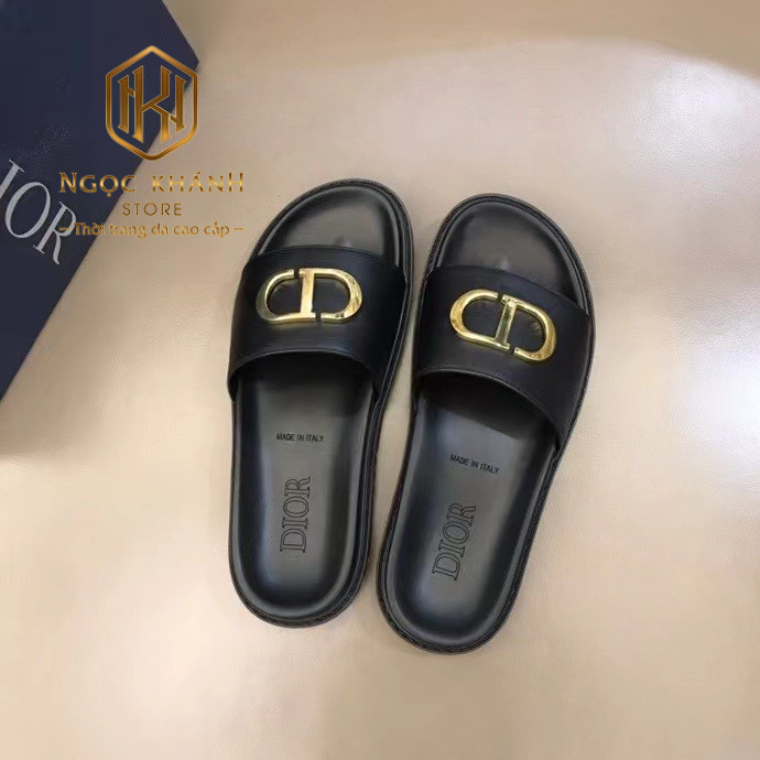 dep nam dior mau den da tron hoa tiet logo vang quai ngang 2 1