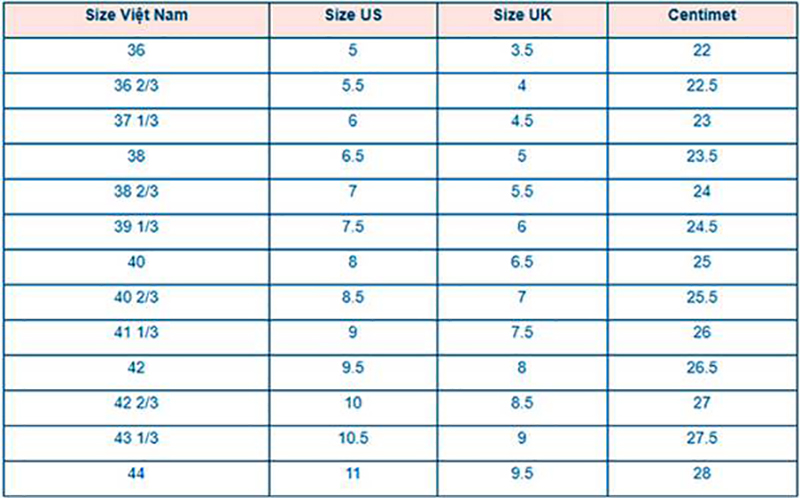 Bảng size giày nữ – Hướng dẫn chọn size giày nữ phù hợp nhất 2022 4 bảng size giày nữ