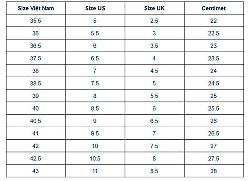 Bảng size giày nữ – Hướng dẫn chọn size giày nữ phù hợp nhất 2022 6 bảng size giày nữ