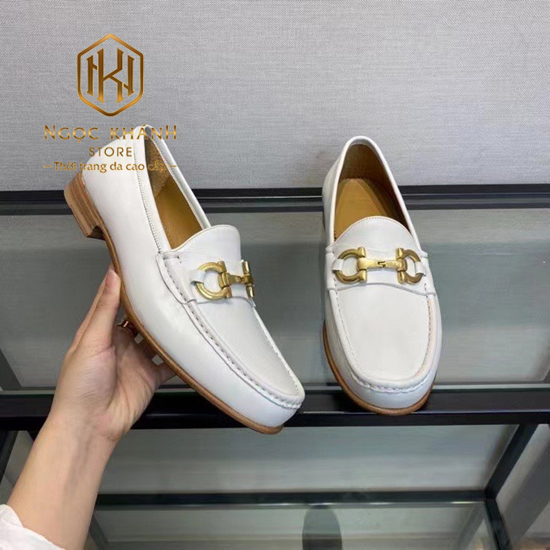 Giày lười Salvatore Ferragamo nam màu trắng logo vàng likeauth
