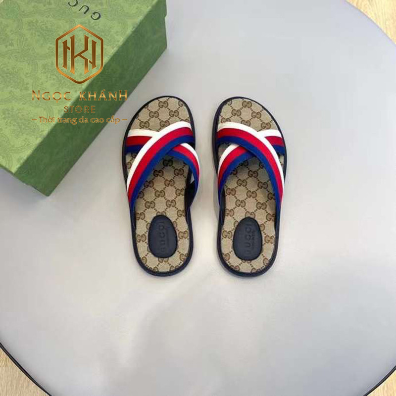 Dep Gucci nam quai cheo mau ghi quai xanh do hoa tiet in logo 8 1