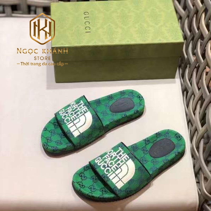 Dep Gucci nam quai ngang mau xanh la hoa tiet chu trang dap logo 2 1