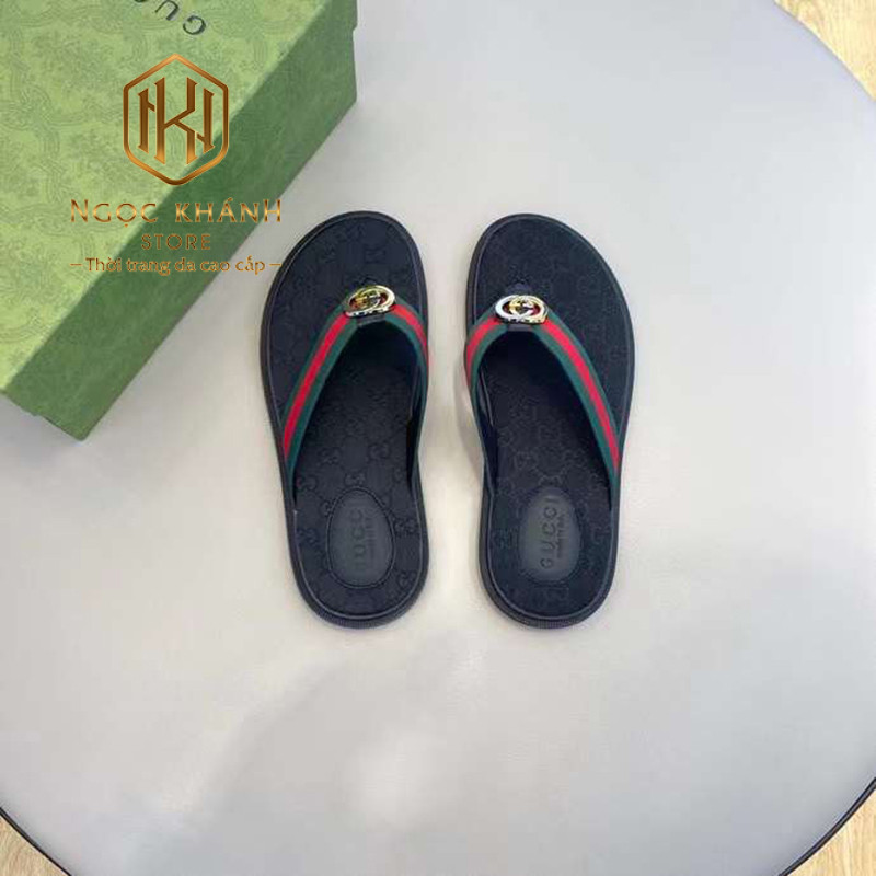 Dep Gucci nam xo ngon mau den quai xanh do hoa tiet in logo 3 1