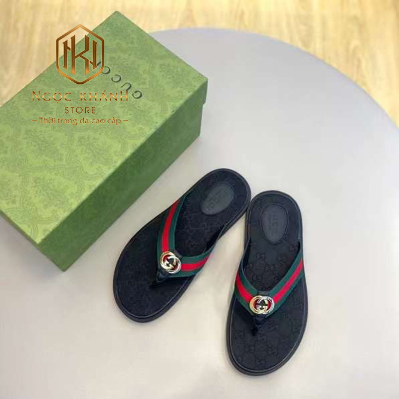 Dep Gucci nam xo ngon mau den quai xanh do hoa tiet in logo 7 1