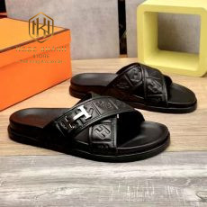 Dep Hermes nam quai cheo mau den hoa tiet da dap logo chu h 5