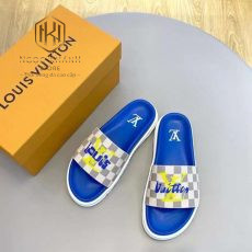 Dep louis vuitton nam quai ngang de xanh hoa tiet caro chu vang 10