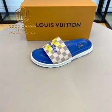 Dep louis vuitton nam quai ngang de xanh hoa tiet caro chu vang 4