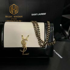 tui xach nu ysl mau den phoi trang hoa tiet logo vang day xich 10