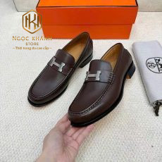 GIÀY LƯỜI HERMES NAM ĐẾ CAO MÀU NÂU HỌA TIẾT CHỮ H TRẮNG MŨI TRÒN GLHM51