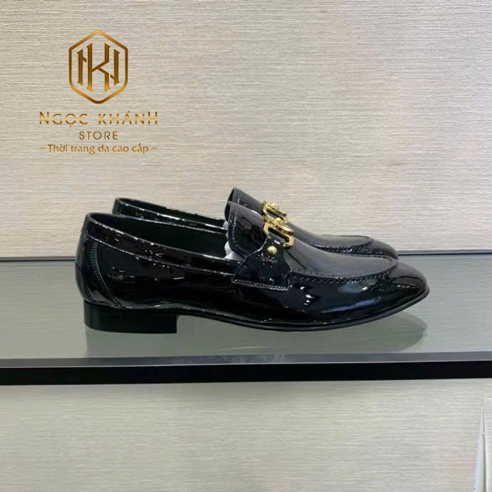 GIÀY LƯỜI VERSACE ĐẾ CAO MÀU ĐEN DA BÓNG HỌA TIẾT LOGO TRÒN KHÓA VÀNG GLV07 13 Giày lười Versace đế cao