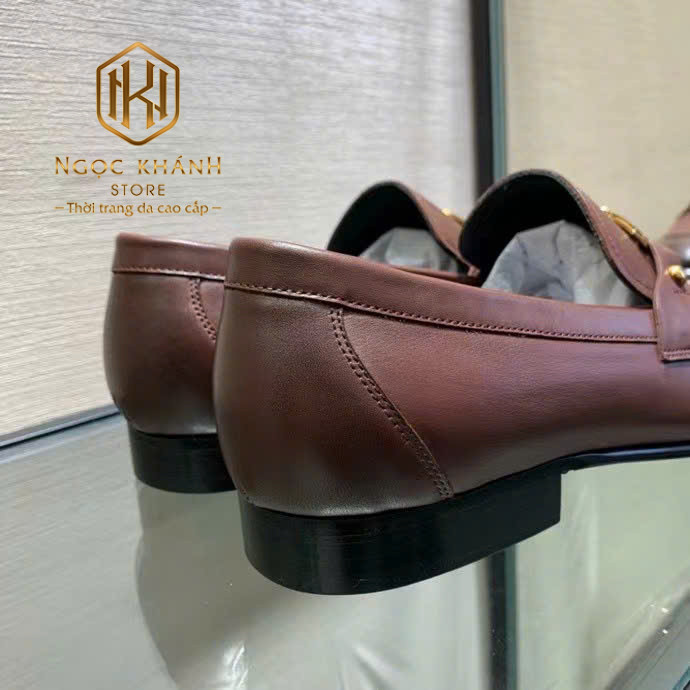 GIÀY LƯỜI VERSACE ĐẾ CAO MÀU NÂU DA TRƠN HỌA TIẾT LOGO TRÒN KHÓA VÀNG GLV06 10 Giày lười Versace đế cao